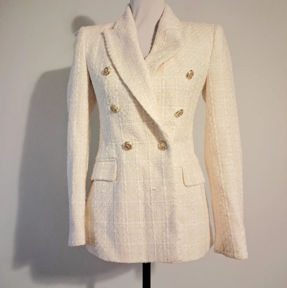 Tweed Cream Double-Breasted Women's Blazer Size XS - Picture 1 of 16